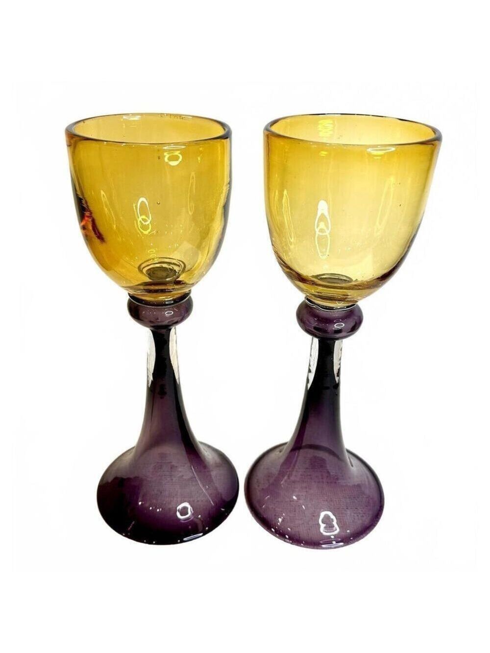 Set of 2 Oversized Solid Amber Amethyst Hand Blown Art Glass Chalice 14 in Tall